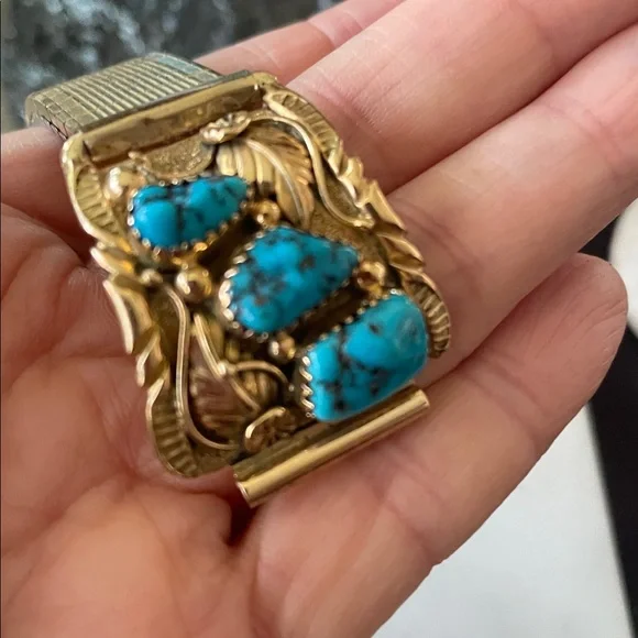 Gold 14K Native American Turquoise Vintage Watch Tips signed Walley - Picture 6 of 15